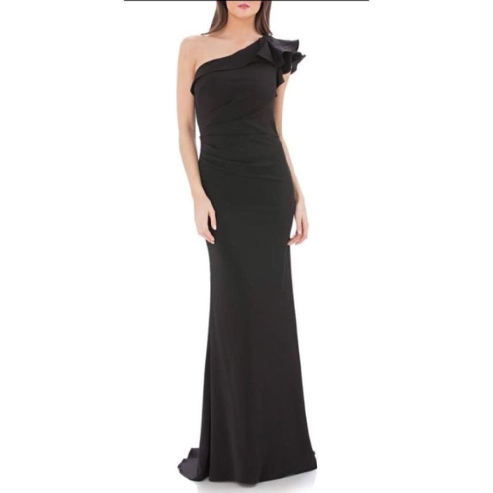 Carmen Marc Valvo Ruffled One-shoulder Crepe Gown